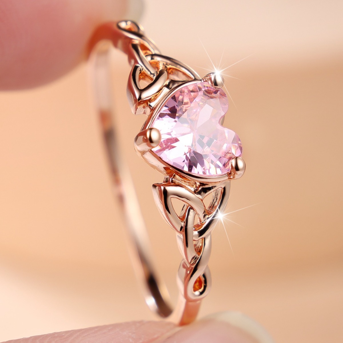 Women's Elegant Heart Pink Multi-Facet Solitaire Promise Ring